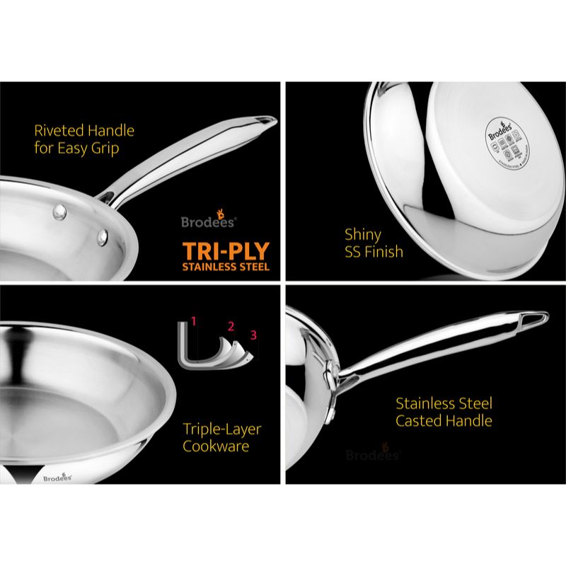 Tri-Ply Stainless Steel Fry Pan | 22 cm Diameter - 1.25 Litre - Brodees