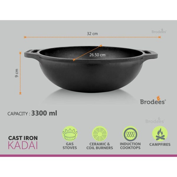 Brodees Iron Kadahi 27 Cm - Flat Bottom |Iron Kadai/Kadhai for Cooking &  Deep Frying with Strong Handle Induction Friendly Kadhai | Capacity : 3500  ml