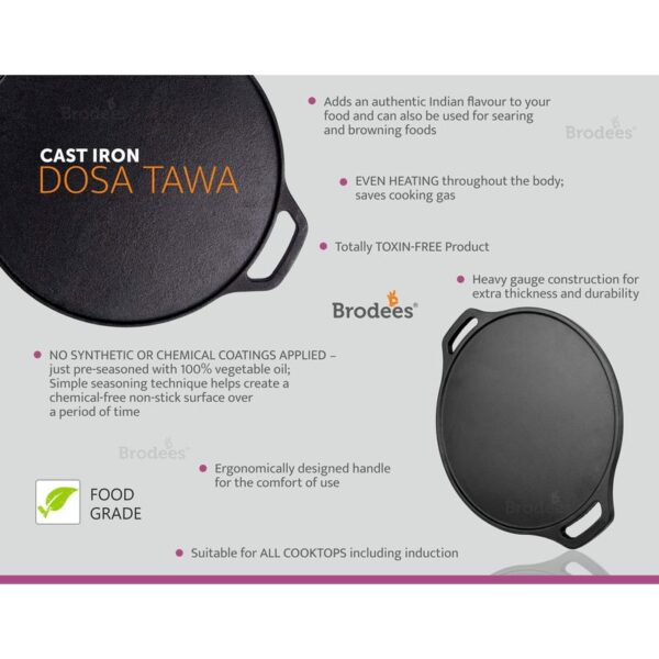 Brodees Iron Dosa Tawa 25.50 Cm Diameter with Tough Handle - Roti Tawa -  Induction Friendly Tawa Gas Compatible Tawa Iron Roti Tawa - Brodees